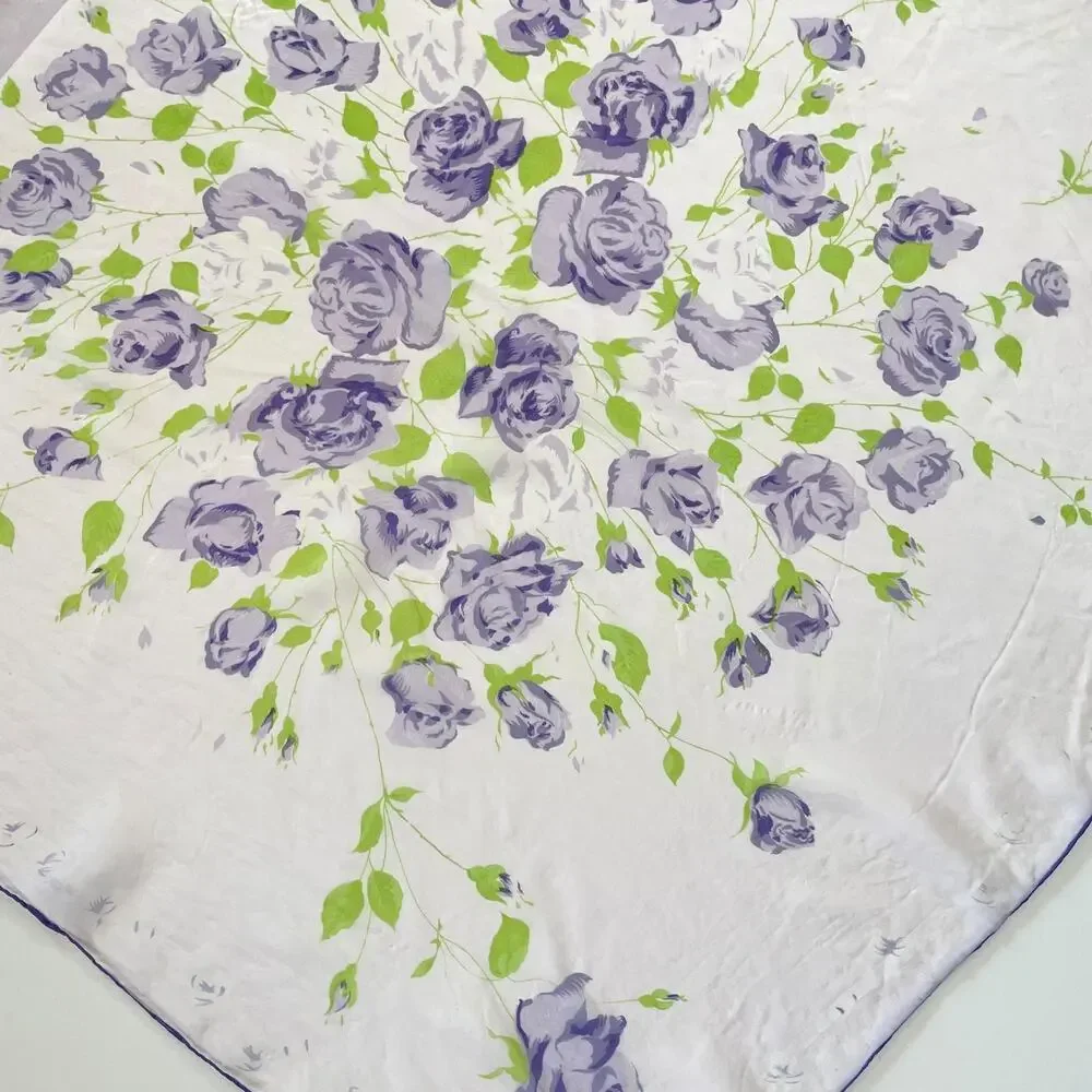 Vintage Silk Scarf Floral White Purple Romantic Feminine Parisian Euro Summer